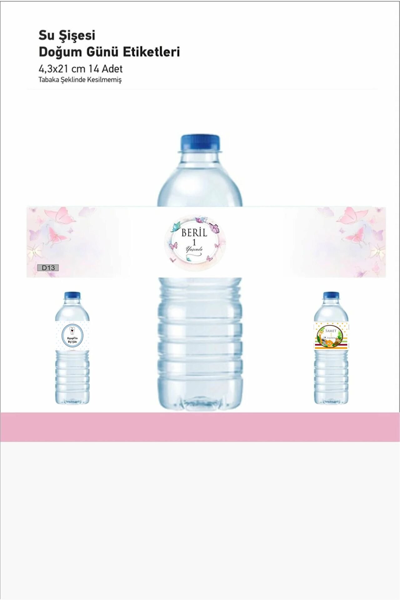 Çocuk Doğum Günü Partisi Yapışkanlı Kişiye Özel Detaylı Su Şişesi Etiketi 4x21 cm 14 Adet