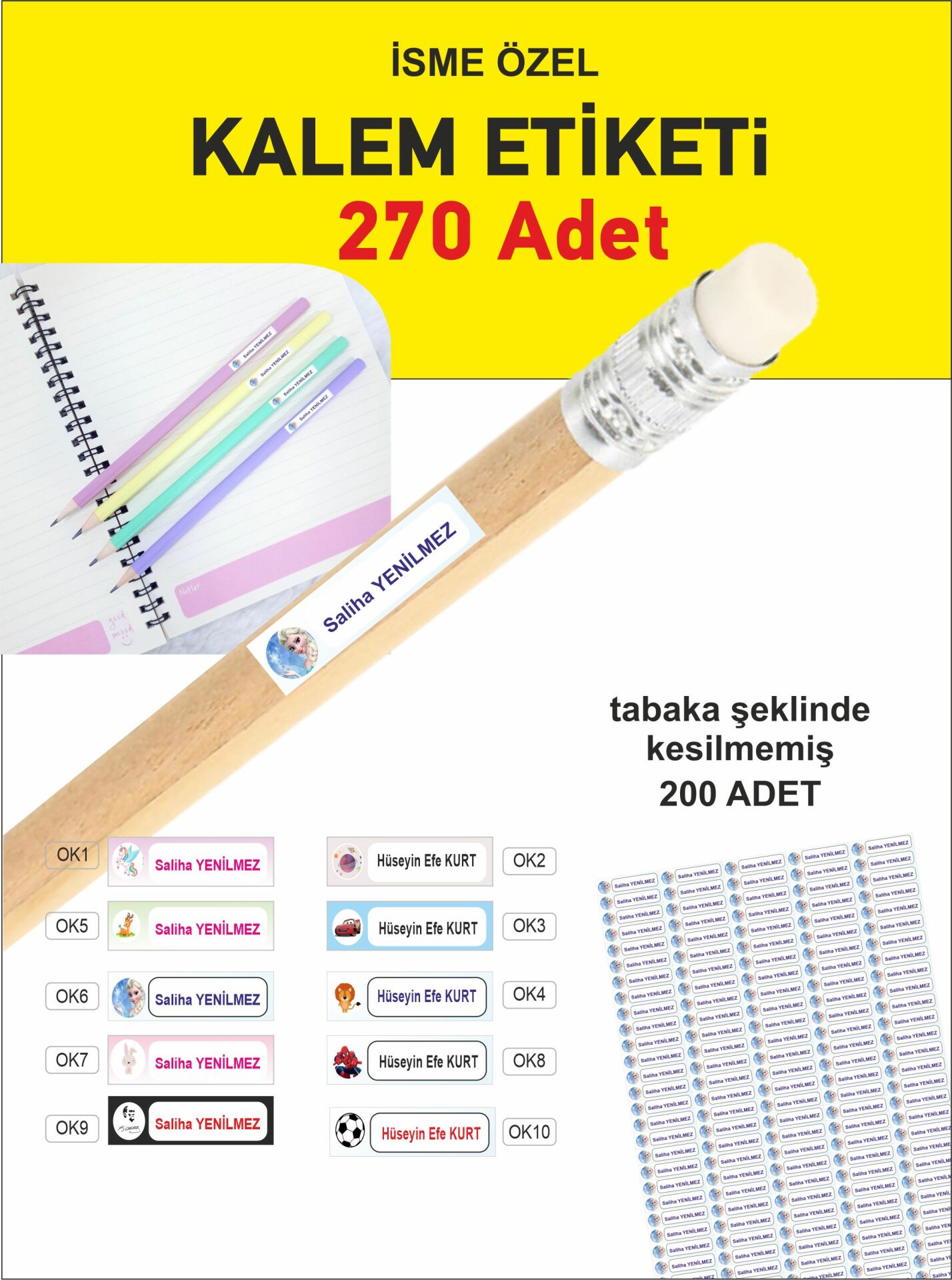 Isimli Okul Kalem Etiketi Kalem Sticker Seti 270 Adet