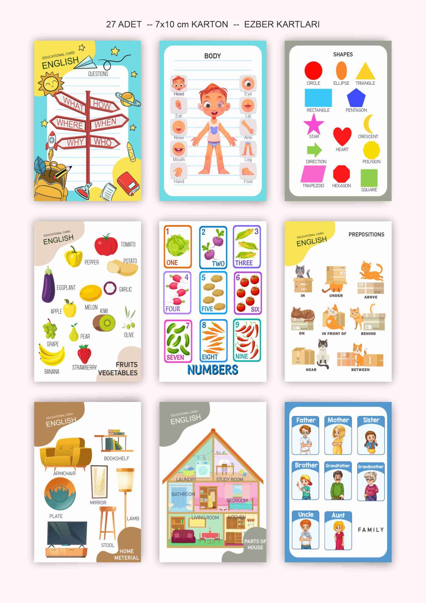 Çocuklara Özel İngilizce Alfabe İlk Kelimeler Eğitici Kart 7x10 cm Karton 26 Adet Eğitici Kartlar