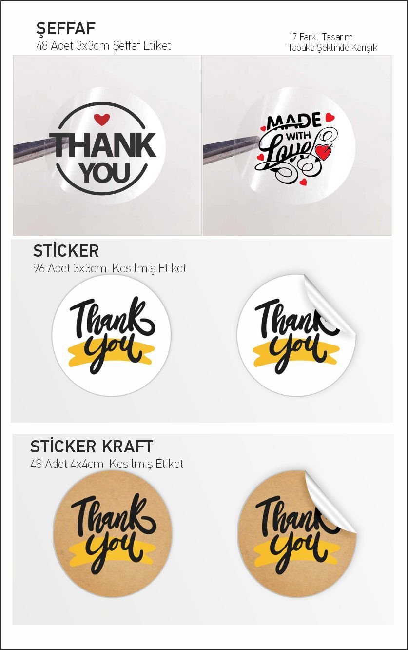 Thank You-hand Made With Love Etiket, 17 Farklı Tasarım Şeffaf - Kraft - Sticker