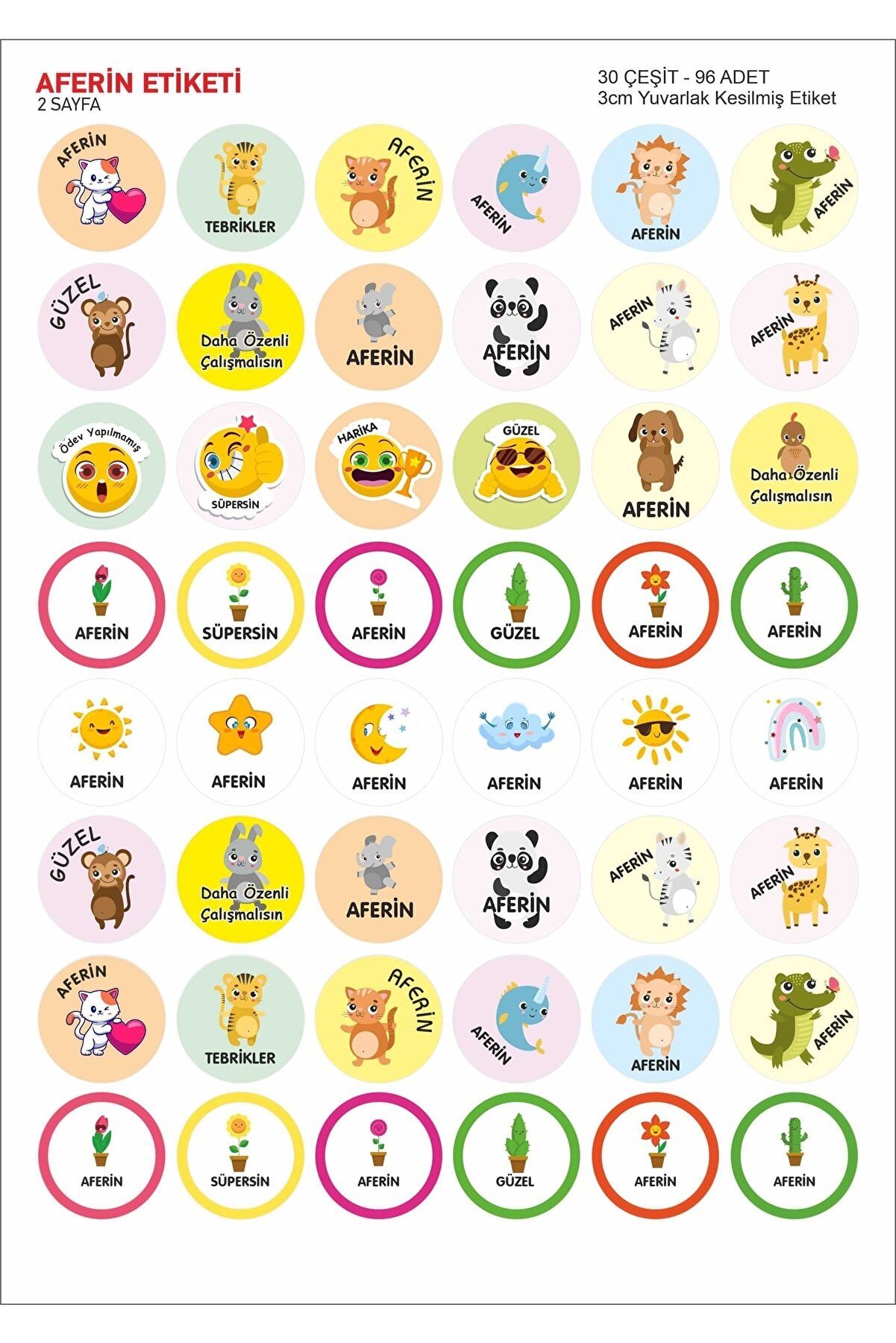 Sevimli Hayvanlar Kedi Köpek Emoji Ödev Etiket Sticker Öğretmen Aferin Harikasın Etiketleri 96 Adet aferin