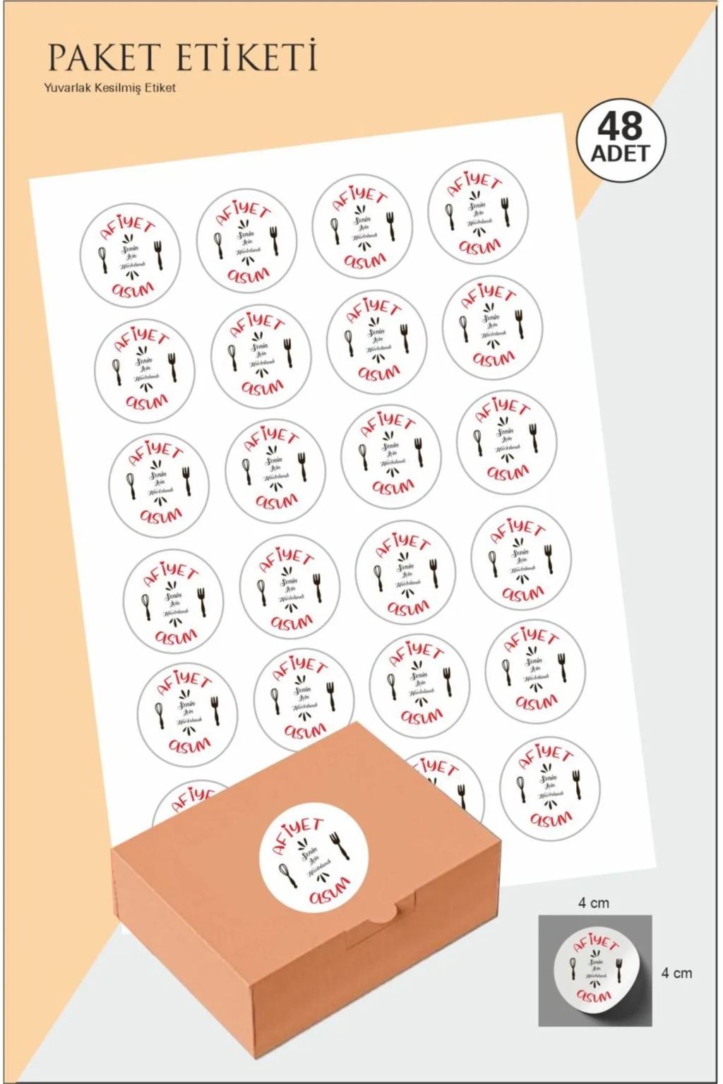 Afiyet Olsun Yazılı Paket Etiketi Sticker Etiketi 48 adet 4x4 cm