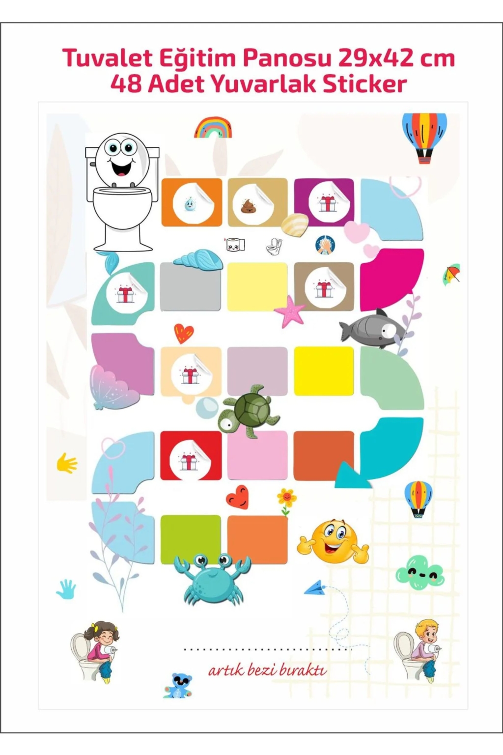 Eğlenceli Ve Eğitici Tuvalet Eğitimi Sticker Panosu 29x42cm Pcv Kaplı + 48 Adet Sticker