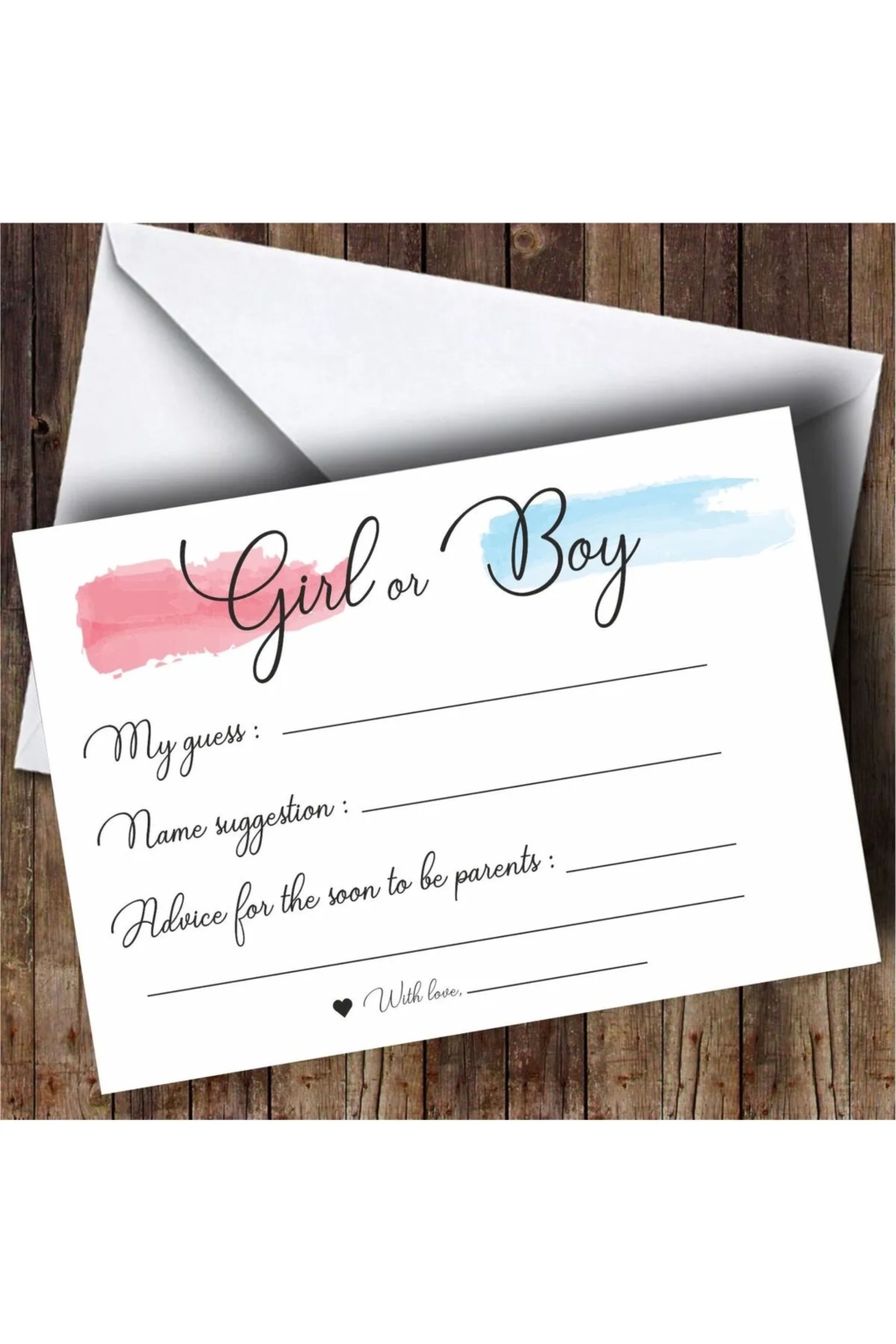 Girl or Boy Tahmin Kartı Baby Shower 5x8 cm kart ve zarf 10 adet