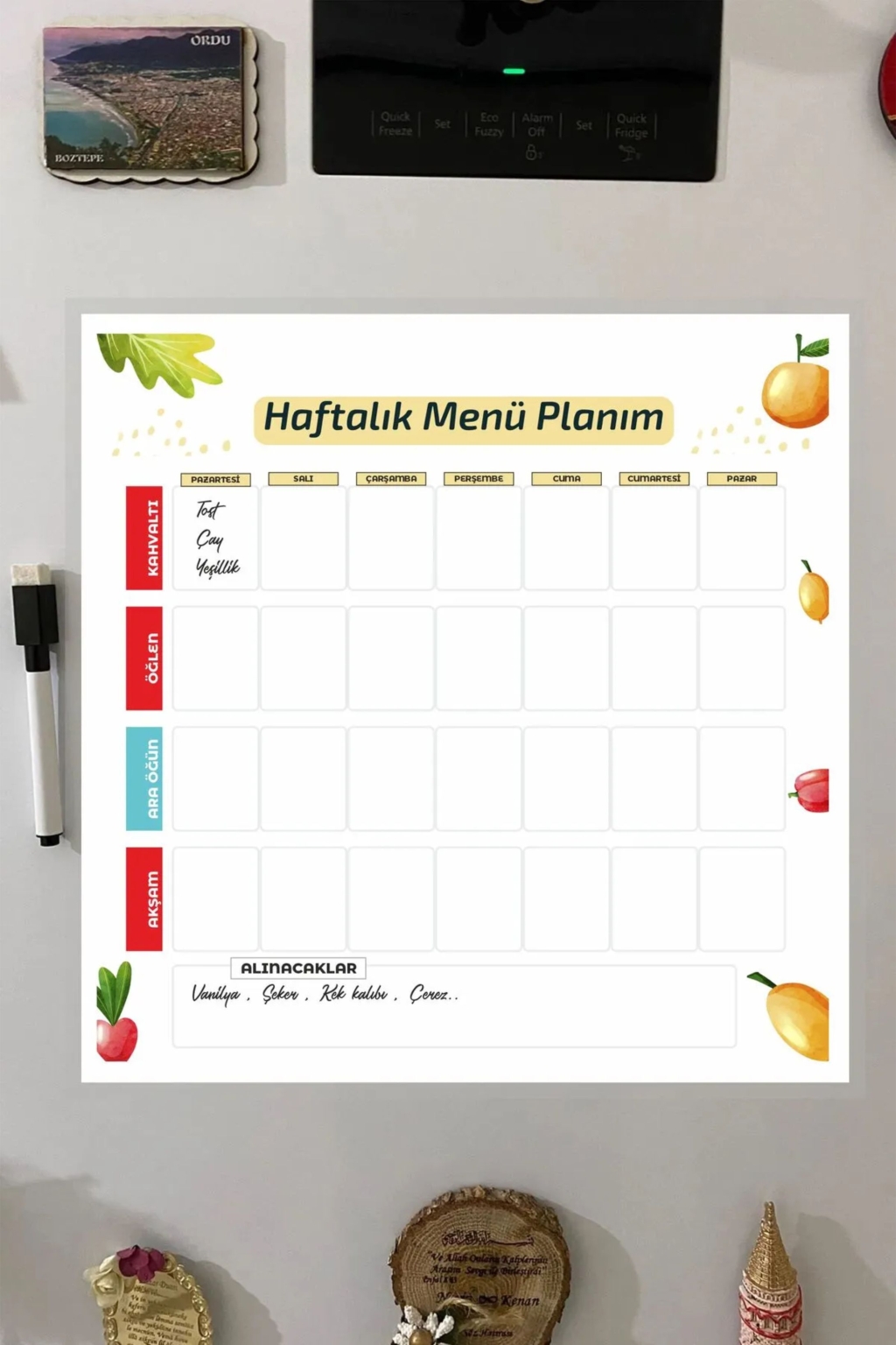 Menü Planlayıcı Haftalık Pvc Kaplı Yazılıp Silinebilir 30x30 Cm + Kalem