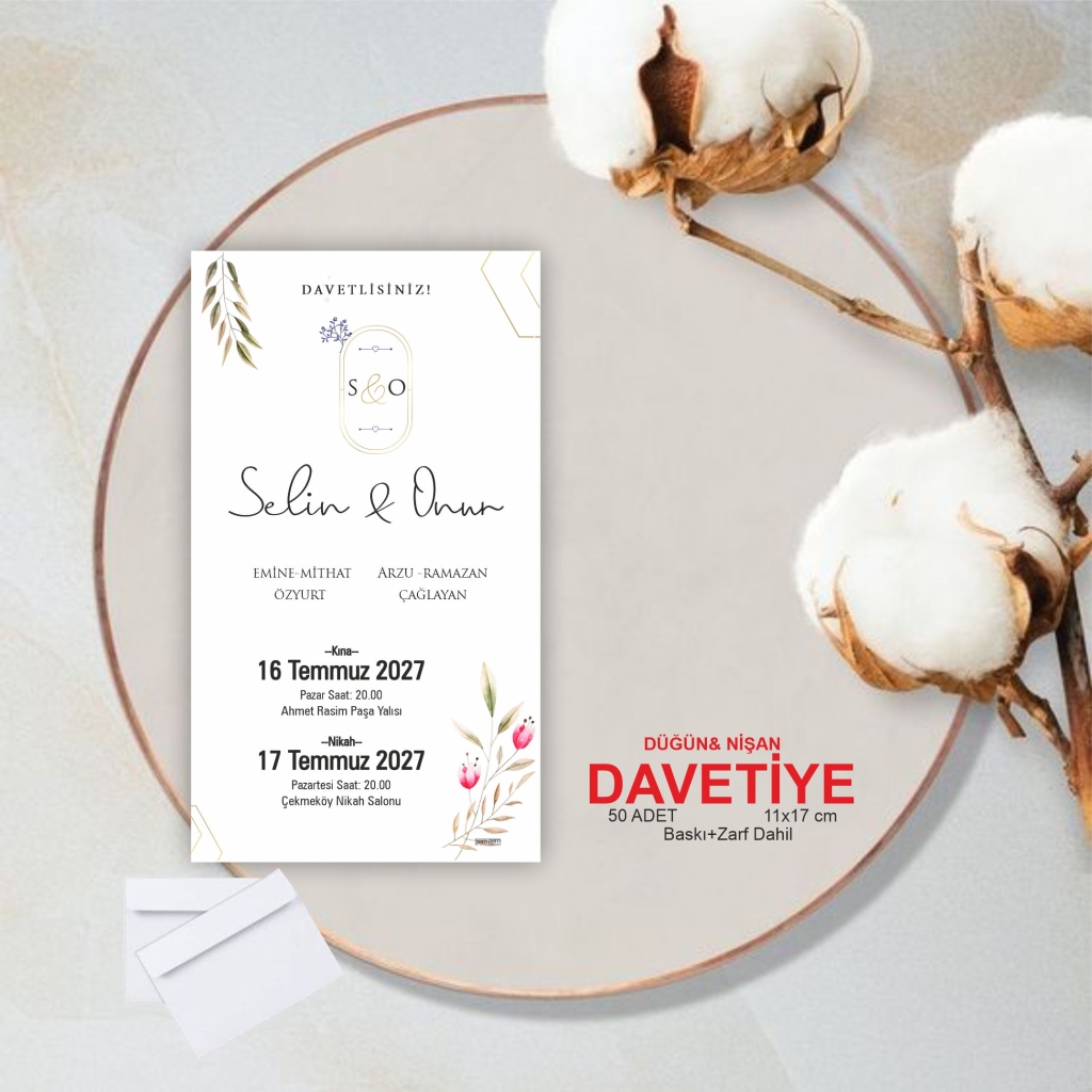 Nişan Düğün Davetiyesi Baskı ve Zarf Dahil 50 Adet