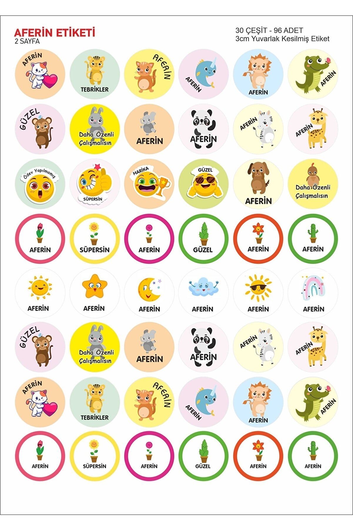 Sevimli Hayvanlar Kedi Köpek Emoji Ödev Etiket Sticker Öğretmen Aferin Harikasın Etiketleri 96 Adet aferin