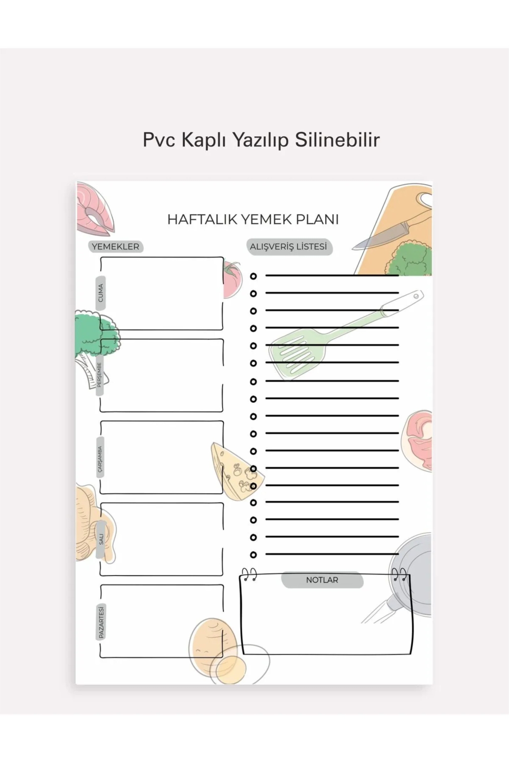 Yemek Liste Haftalık Planlayıcı ve Alışveriş Listesi A4 PVC kaplı Yazılıp Silinebilir